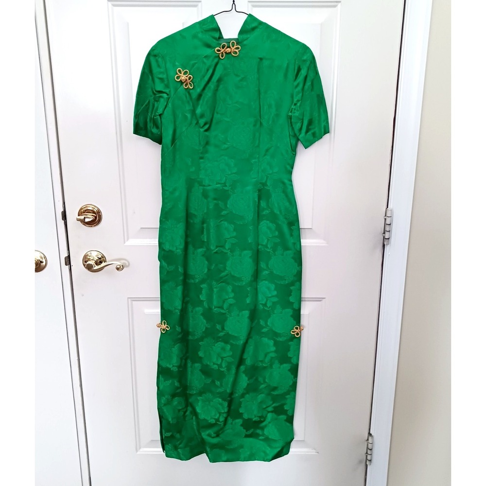 Vintage Cheongsam Dress Green Gold Silk Jacquard Asian Floral Print Small‎